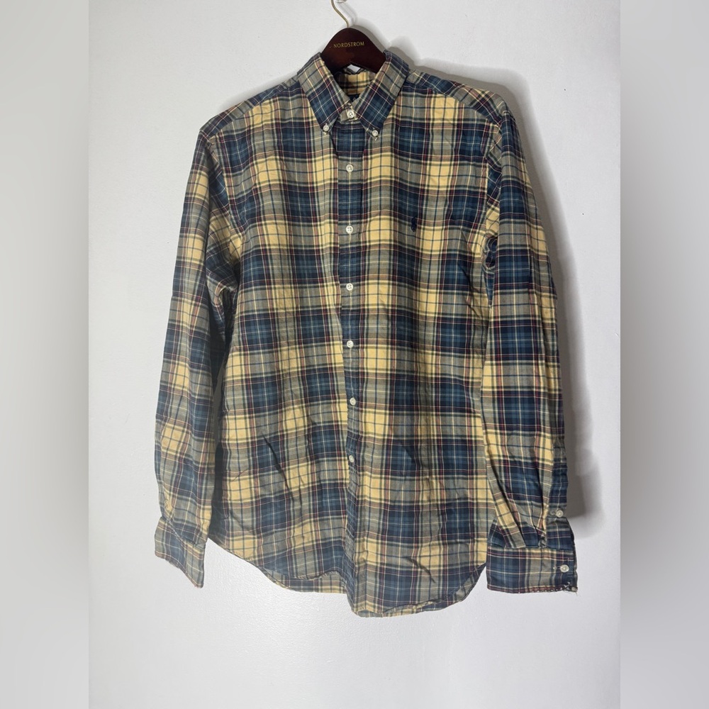 Ralph Lauren Large Classic Fit Collar Button Down Cotton Blue Tan Plaid
